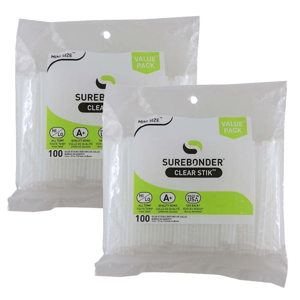 Mini Hot Melt Adhesive, 4 in, Diameter 5/16 in, Clear, Dual Temperature, PK200